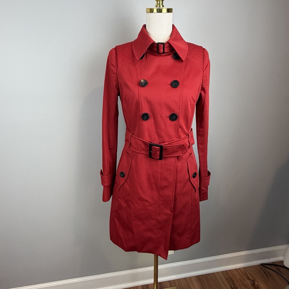 Soia & Kyo Trench Coat Womens Size Small Red Belted Double Breasted Jacket